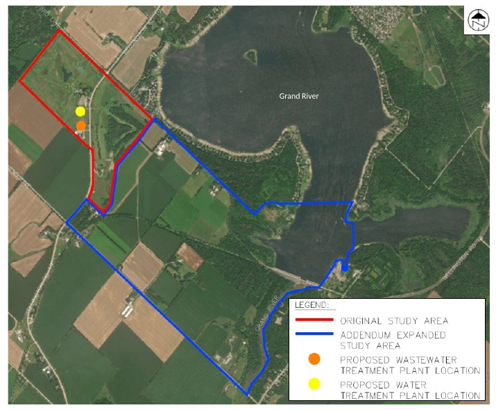 Study area map showing the original study area, expanded Addendum study area, and proposed water and wastewater treatment plant locations.